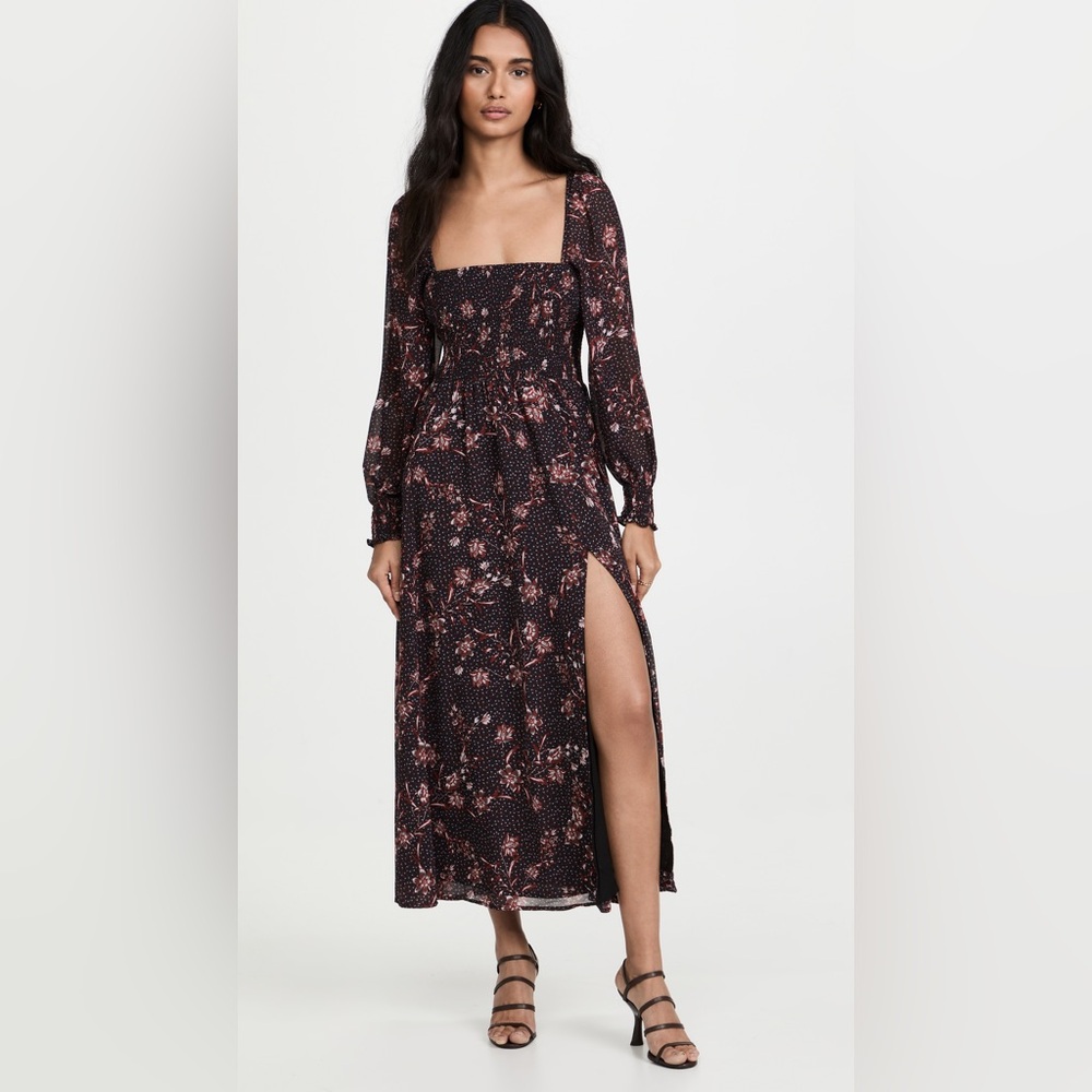 OPT smocked floral maxi dress sheer bishop sleeves summer slit